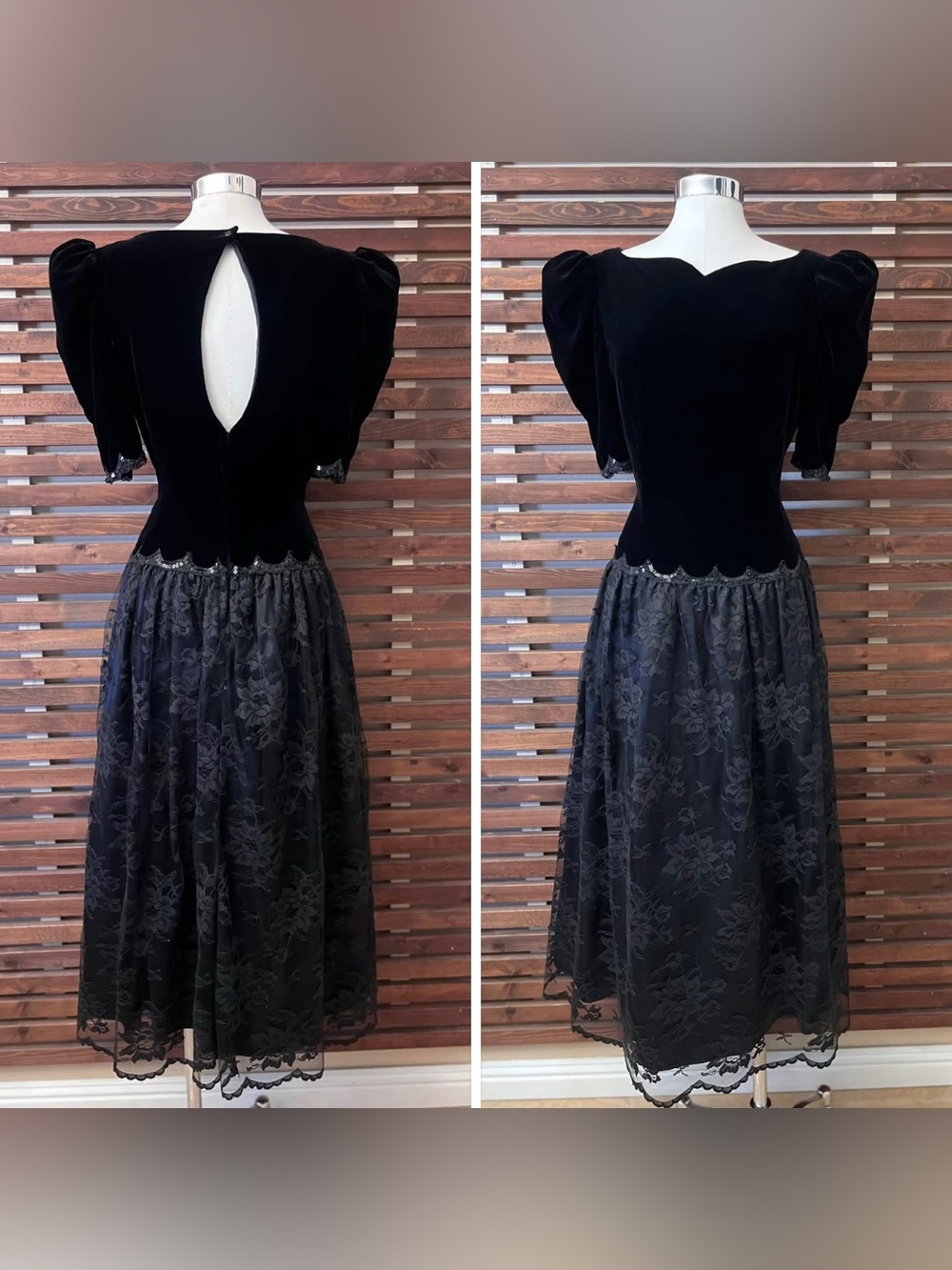 1980s 80s Vintage Scott McClintock Petite Black Velvet Sequin Lace Prom Dress 12